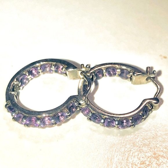 Vintage Jewelry - DELMAR Jewellers Amethyst Sterling Silver Hoop Earrings Half Inch .5”
